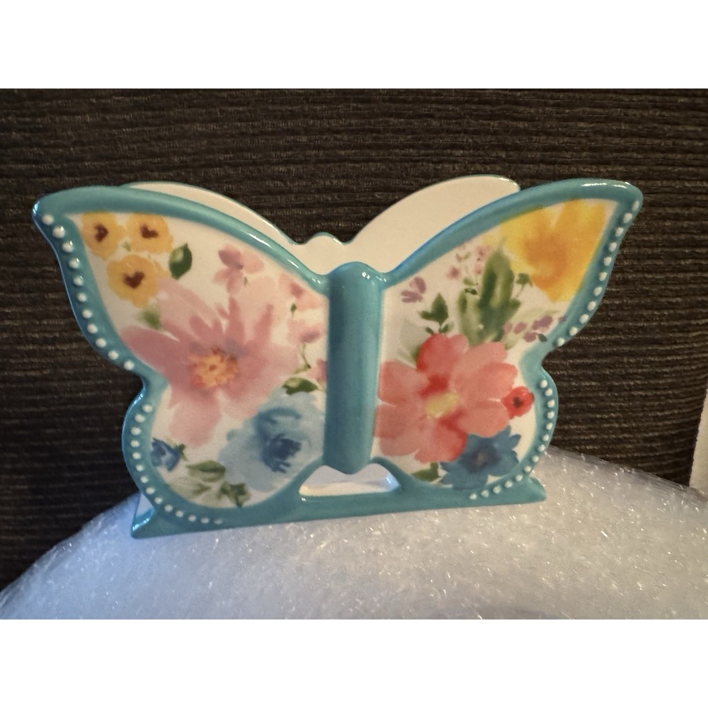 Pioneer Woman Breezy Blossoms‎ Butterfly Napkin Holder Teal Stoneware Floral